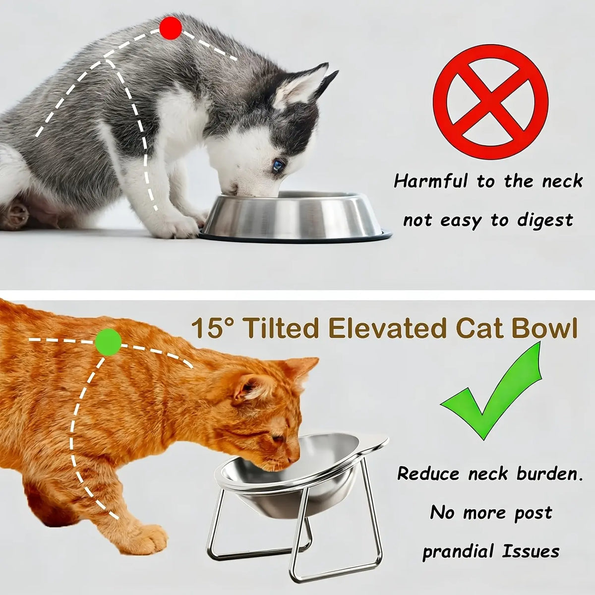 Tilted Stainless Steel Bowl Set for Cats and Dogs, 15-Degree Food and Water Bowls, Elevated Feeding Bowl, Anti-Tip Elevated Bowl System, Easy Clean Design