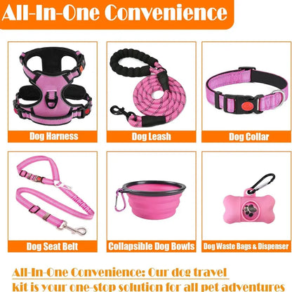 Ergonomic No-Pull Dog Harness, Collars & Leash Set (6Pcs, Pink/Large) - Metal-Buckle Tough, Comfortable, Easy to Clean, W/ Seat Belt, Collapsible Bowls & Poop Bag Dispenser, Ideal for Hiking, Walking, Fits Small-Large Dogs - Home Improvement Supplies