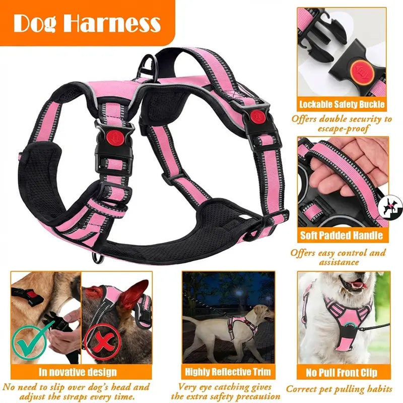 Ergonomic No-Pull Dog Harness, Collars & Leash Set (6Pcs, Pink/Large) - Metal-Buckle Tough, Comfortable, Easy to Clean, W/ Seat Belt, Collapsible Bowls & Poop Bag Dispenser, Ideal for Hiking, Walking, Fits Small-Large Dogs - Home Improvement Supplies