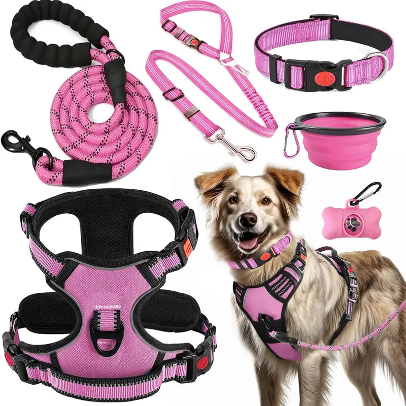 Ergonomic No-Pull Dog Harness, Collars & Leash Set (6Pcs, Pink/Large) - Metal-Buckle Tough, Comfortable, Easy to Clean, W/ Seat Belt, Collapsible Bowls & Poop Bag Dispenser, Ideal for Hiking, Walking, Fits Small-Large Dogs - Home Improvement Supplies