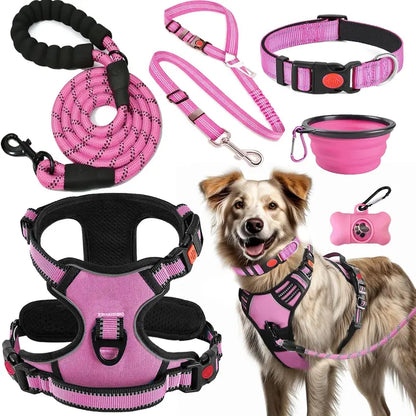 Ergonomic No-Pull Dog Harness, Collars & Leash Set (6Pcs, Pink/Large) - Metal-Buckle Tough, Comfortable, Easy to Clean, W/ Seat Belt, Collapsible Bowls & Poop Bag Dispenser, Ideal for Hiking, Walking, Fits Small-Large Dogs - Home Improvement Supplies