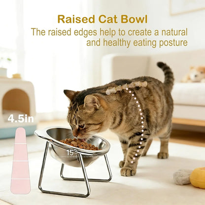 Tilted Stainless Steel Bowl Set for Cats and Dogs, 15-Degree Food and Water Bowls, Elevated Feeding Bowl, Anti-Tip Elevated Bowl System, Easy Clean Design