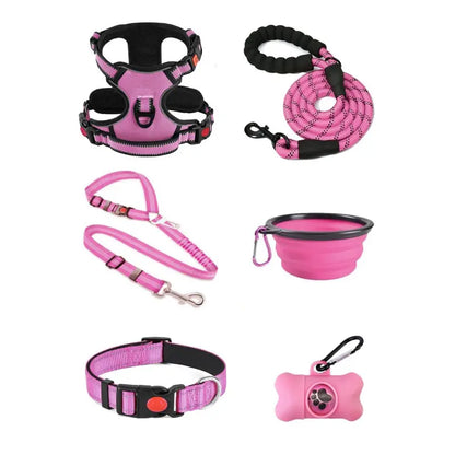 Ergonomic No-Pull Dog Harness, Collars & Leash Set (6Pcs, Pink/Large) - Metal-Buckle Tough, Comfortable, Easy to Clean, W/ Seat Belt, Collapsible Bowls & Poop Bag Dispenser, Ideal for Hiking, Walking, Fits Small-Large Dogs - Home Improvement Supplies